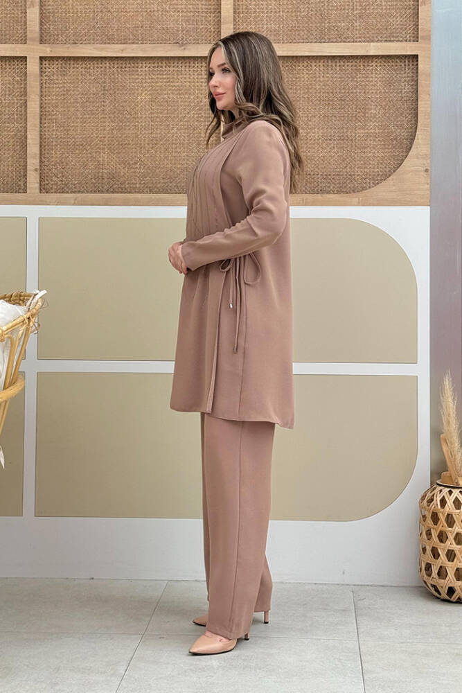 Taş Baskı Desenli Tunik Pantolon Takım 8447 Vizon - 2