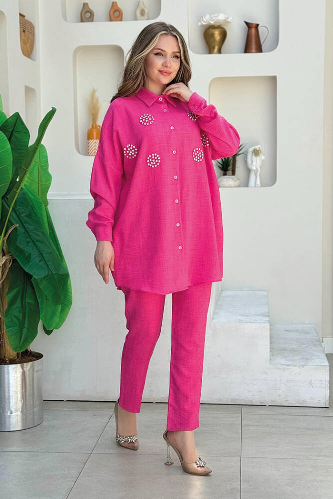 Taş Detaylı Düğmeli Tunik ve Pantolon Takım 8403 Fuşya - 2