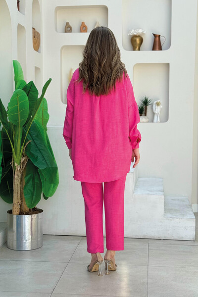 Taş Detaylı Düğmeli Tunik ve Pantolon Takım 8403 Fuşya - 3