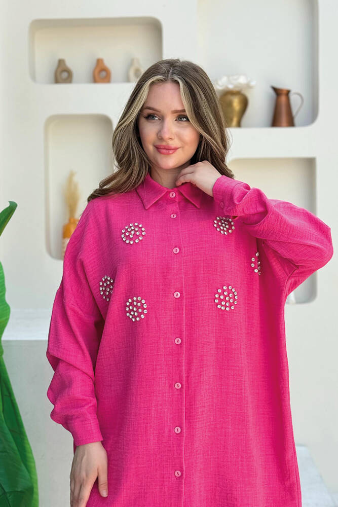 Taş Detaylı Düğmeli Tunik ve Pantolon Takım 8403 Fuşya - 4