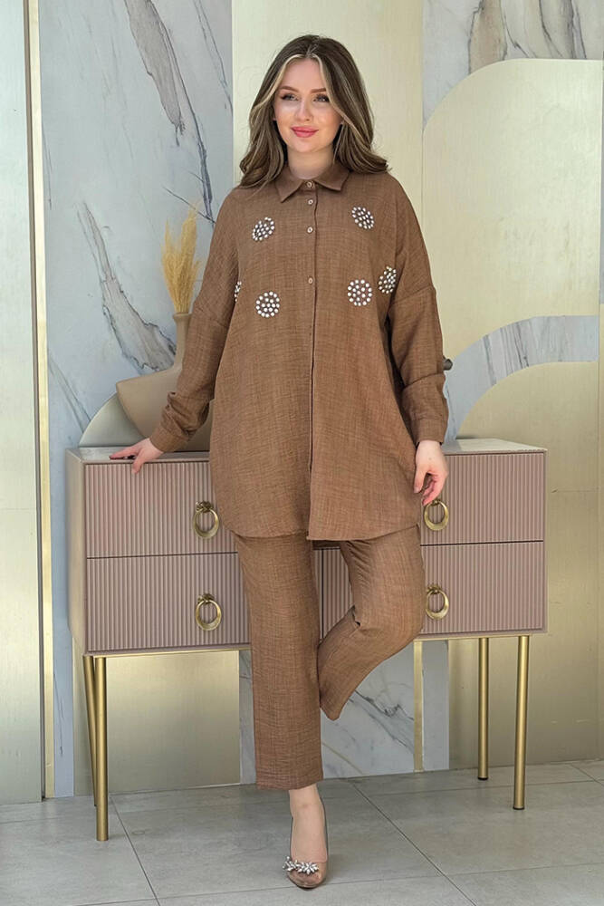 Taş Detaylı Düğmeli Tunik ve Pantolon Takım 8403 Kahverengi - 1