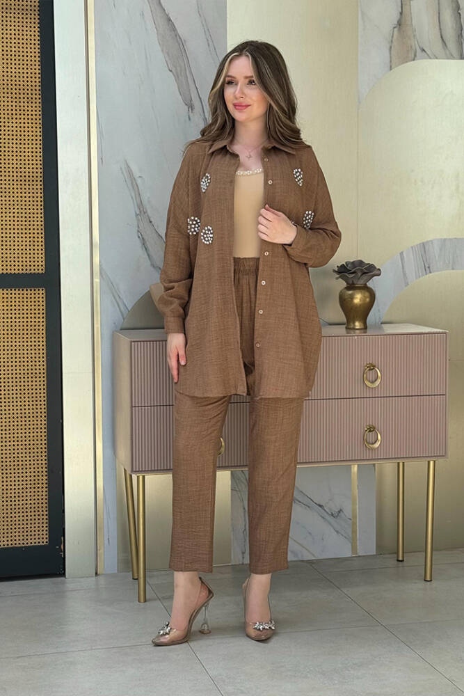 Taş Detaylı Düğmeli Tunik ve Pantolon Takım 8403 Kahverengi - 2
