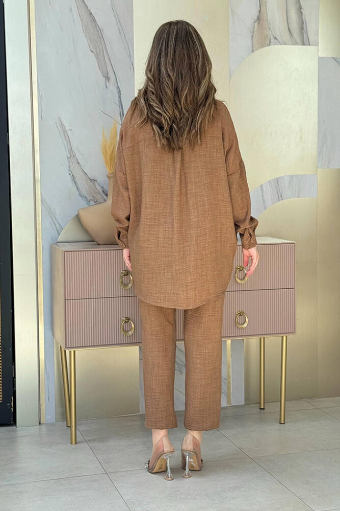 Taş Detaylı Düğmeli Tunik ve Pantolon Takım 8403 Kahverengi - 3