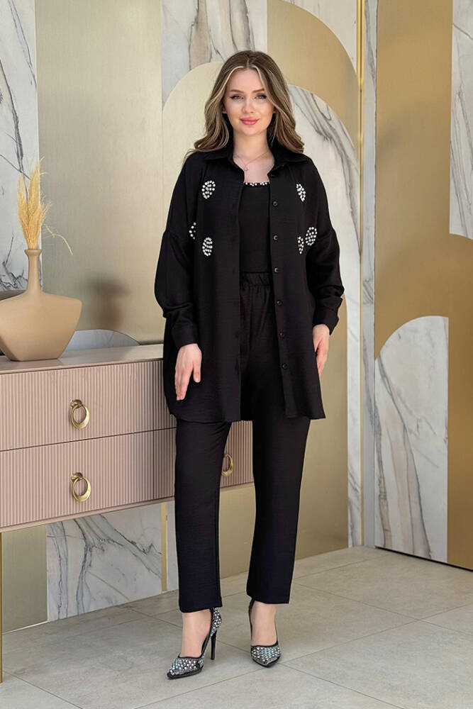 Taş Detaylı Düğmeli Tunik ve Pantolon Takım 8403 Siyah - 1