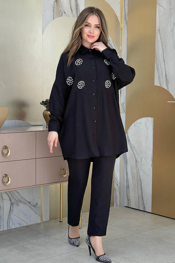 Taş Detaylı Düğmeli Tunik ve Pantolon Takım 8403 Siyah - 2
