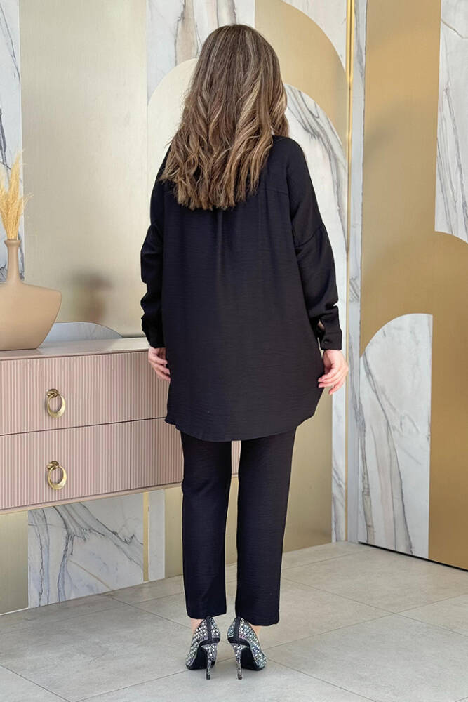 Taş Detaylı Düğmeli Tunik ve Pantolon Takım 8403 Siyah - 3