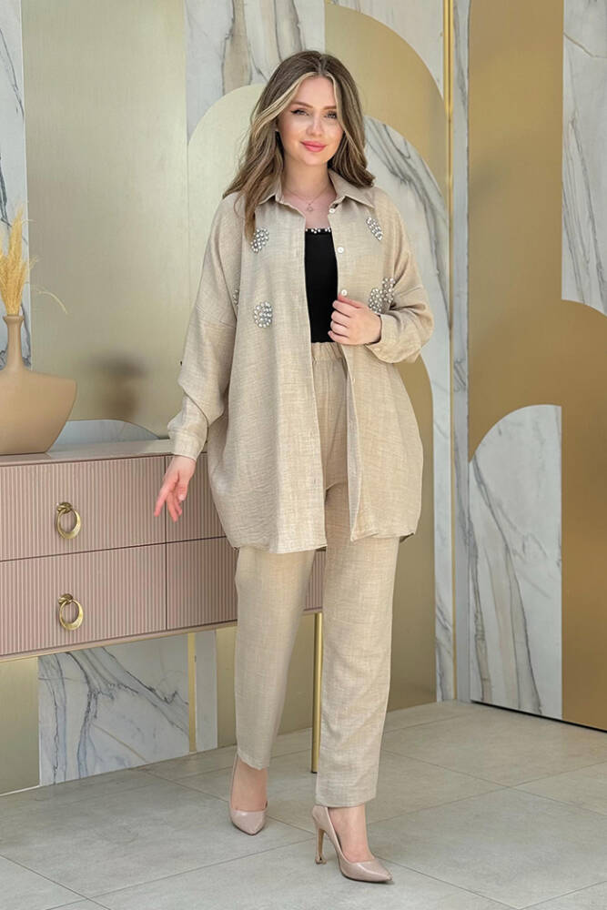Taş Detaylı Düğmeli Tunik ve Pantolon Takım 8403 Vizon - 1