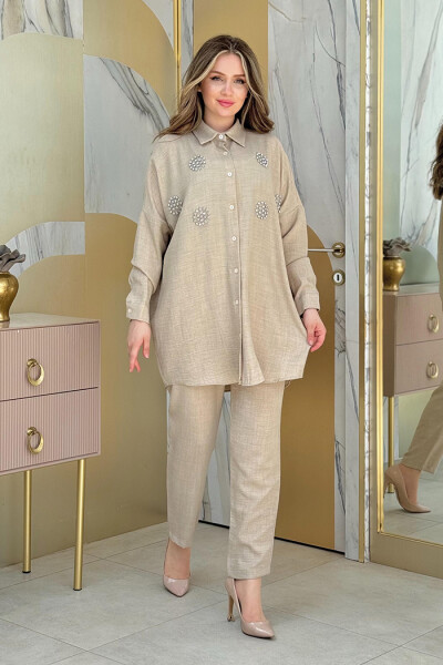 Taş Detaylı Düğmeli Tunik ve Pantolon Takım 8403 Vizon - 2