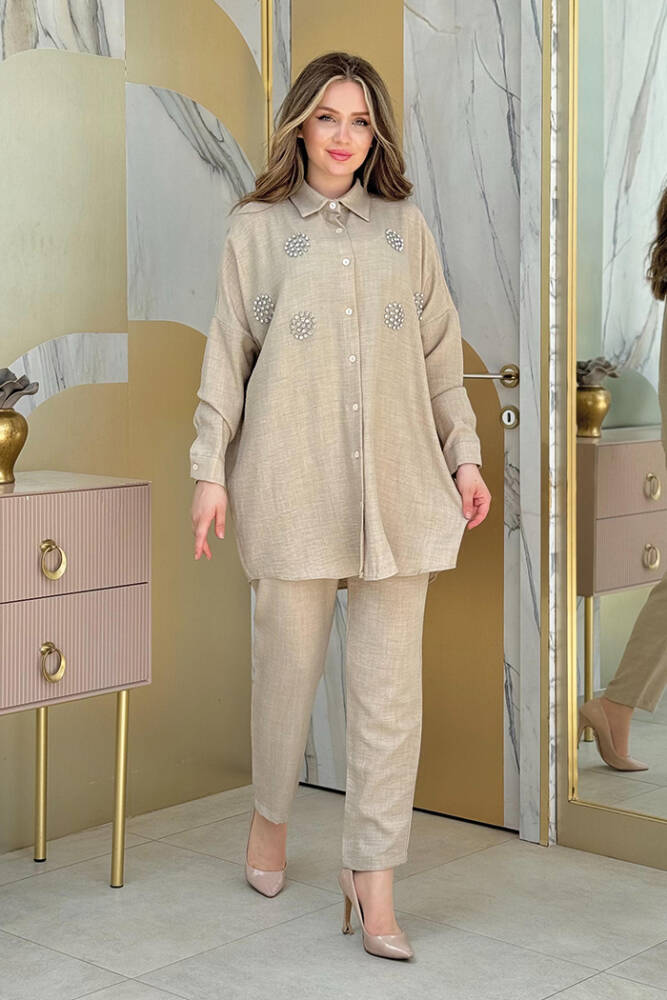 Taş Detaylı Düğmeli Tunik ve Pantolon Takım 8403 Vizon - 2