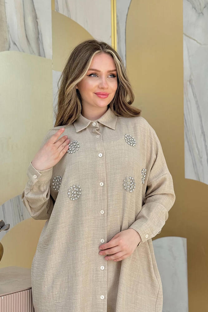 Taş Detaylı Düğmeli Tunik ve Pantolon Takım 8403 Vizon - 4