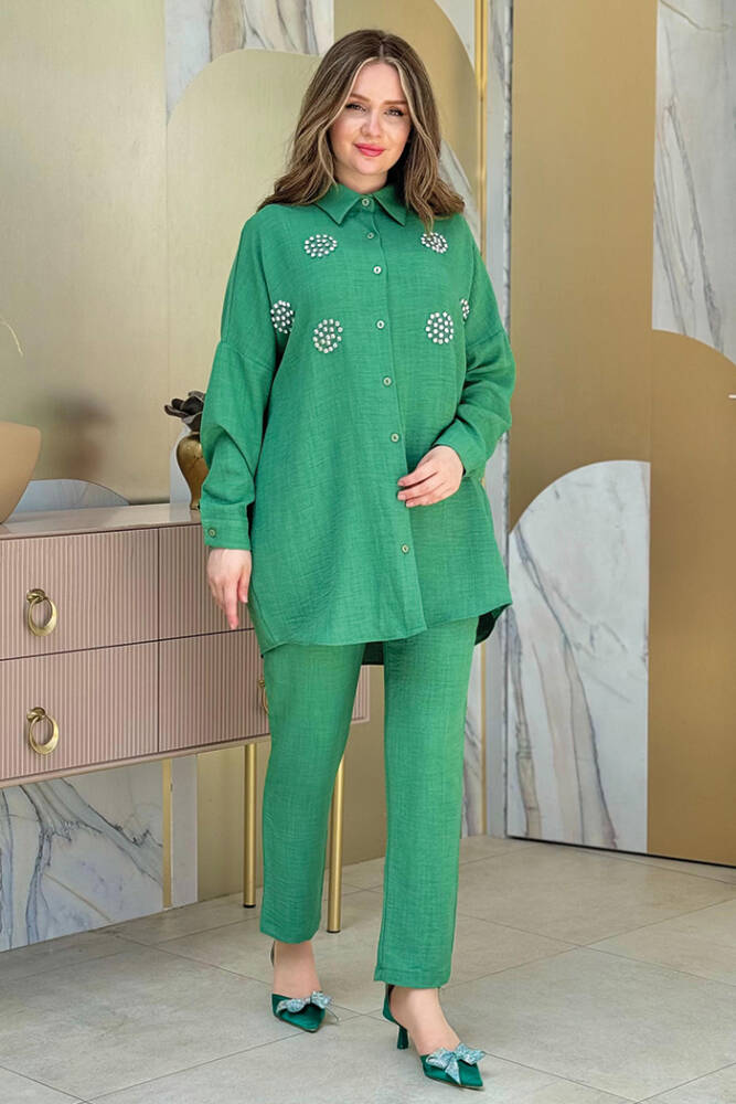 Taş Detaylı Düğmeli Tunik ve Pantolon Takım 8403 Zümrüt - 2
