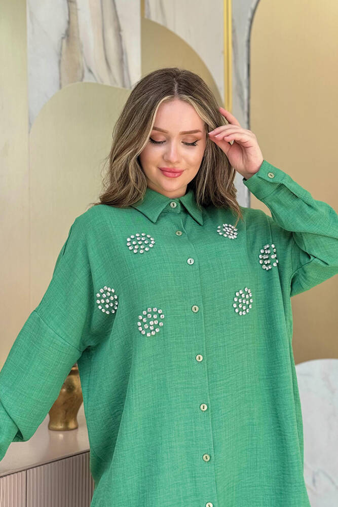 Taş Detaylı Düğmeli Tunik ve Pantolon Takım 8403 Zümrüt - 4