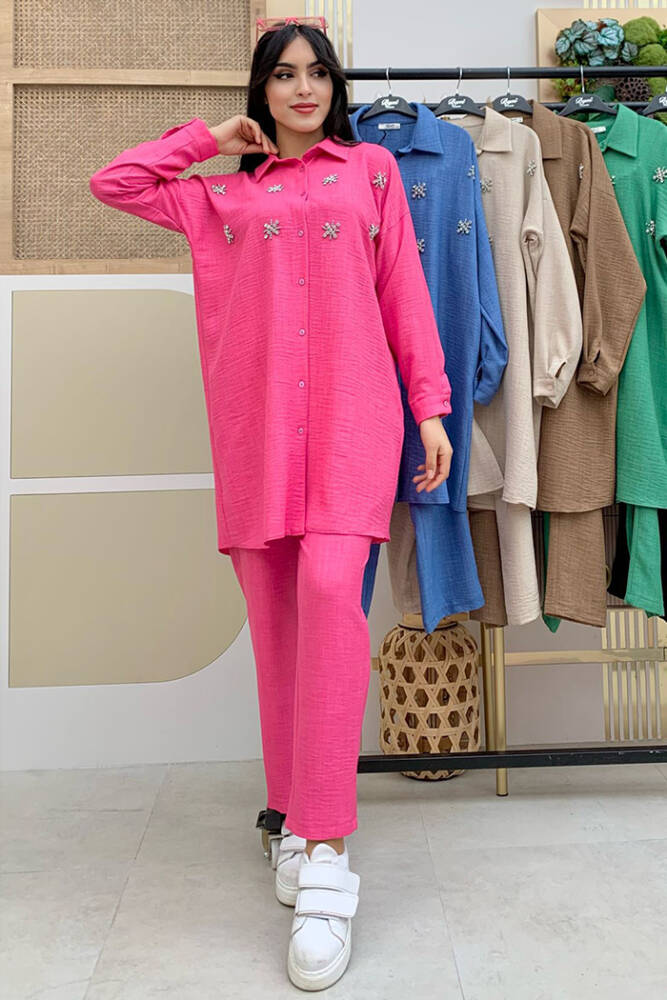 Taş Detaylı Düğmeli Tunik ve Pantolonlu İkili Takım 8404 Fuşya - 1