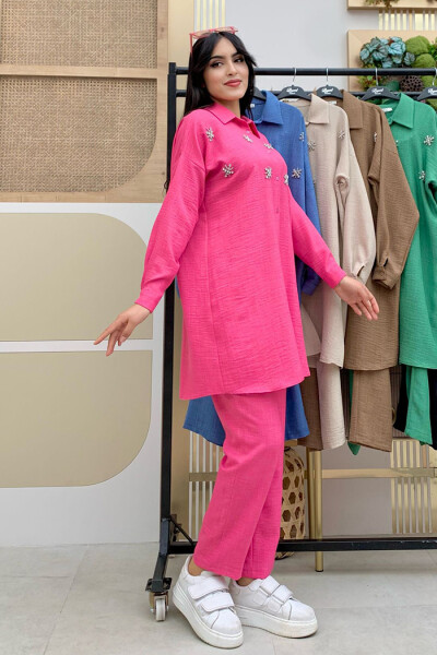Taş Detaylı Düğmeli Tunik ve Pantolonlu İkili Takım 8404 Fuşya - 2