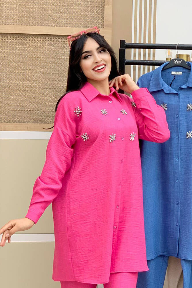 Taş Detaylı Düğmeli Tunik ve Pantolonlu İkili Takım 8404 Fuşya - 3