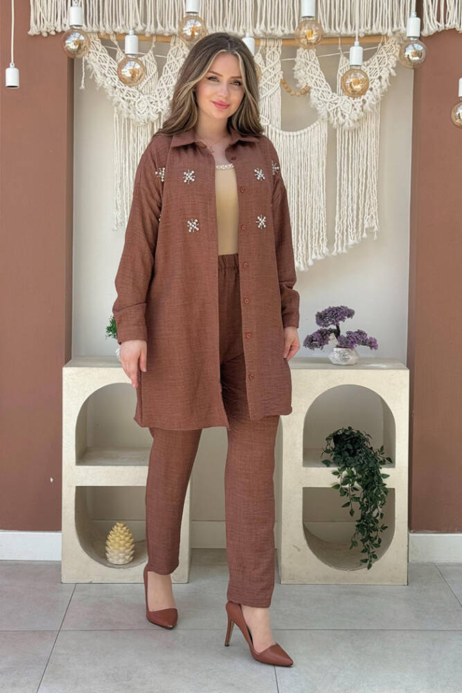 Taş Detaylı Düğmeli Tunik ve Pantolonlu İkili Takım 8404 Kahverengi - 1