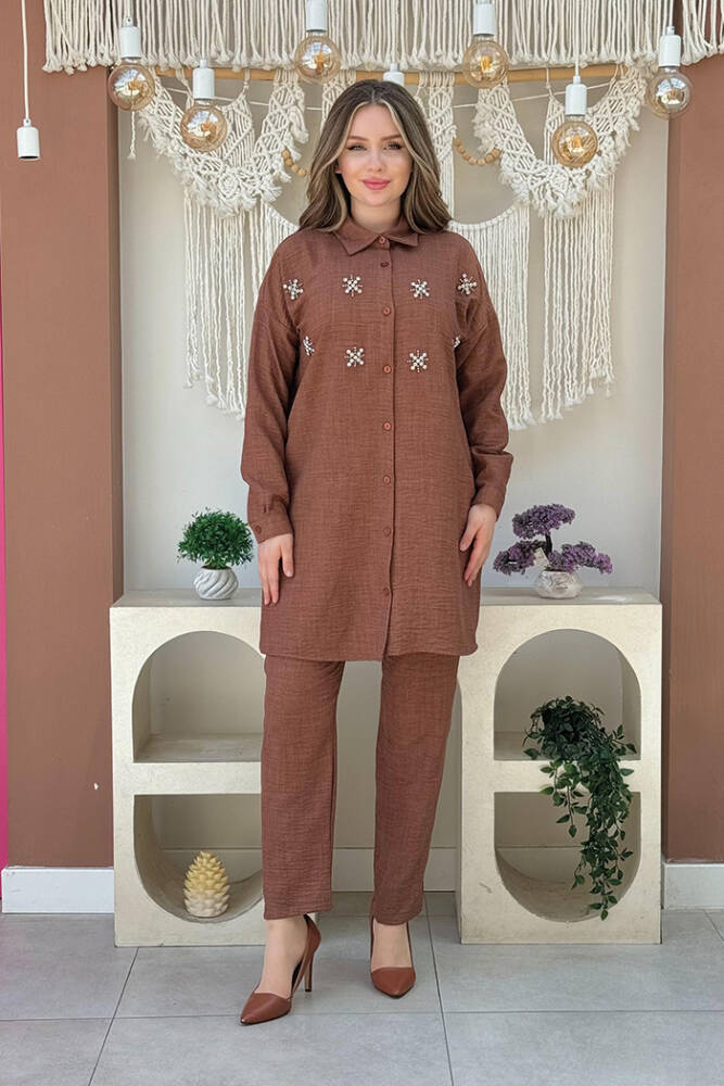 Taş Detaylı Düğmeli Tunik ve Pantolonlu İkili Takım 8404 Kahverengi - 2
