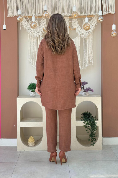 Taş Detaylı Düğmeli Tunik ve Pantolonlu İkili Takım 8404 Kahverengi - 3
