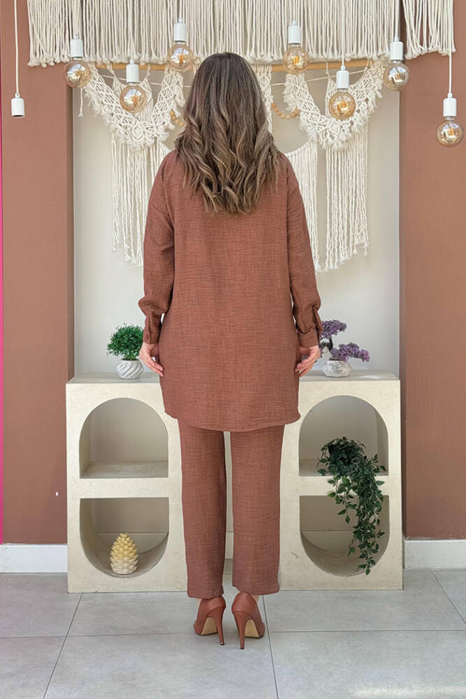 Taş Detaylı Düğmeli Tunik ve Pantolonlu İkili Takım 8404 Kahverengi - 3