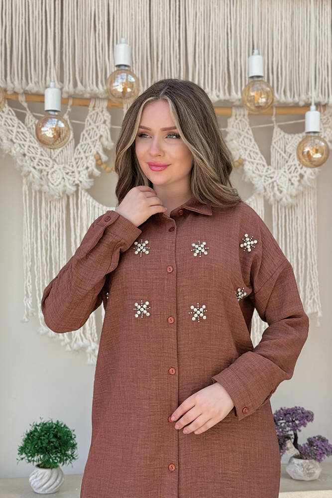 Taş Detaylı Düğmeli Tunik ve Pantolonlu İkili Takım 8404 Kahverengi - 4