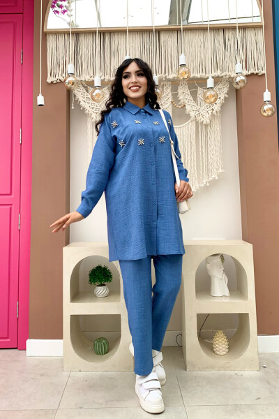 Taş Detaylı Düğmeli Tunik ve Pantolonlu İkili Takım 8404 Mavi - 1