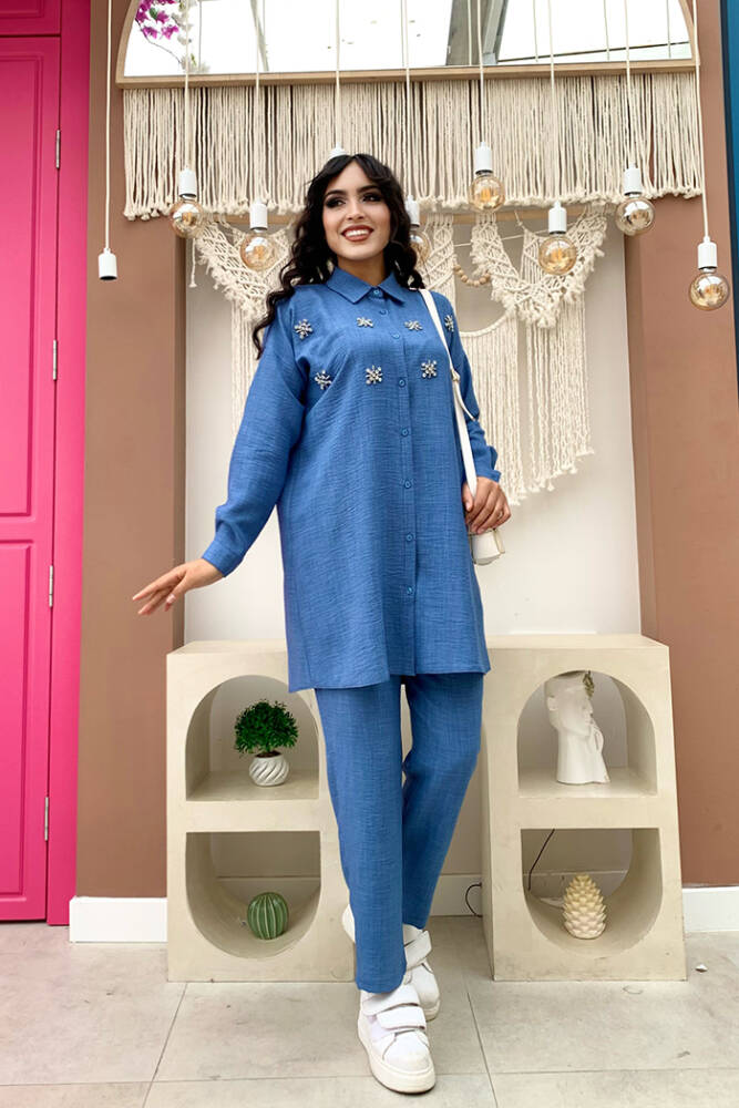 Taş Detaylı Düğmeli Tunik ve Pantolonlu İkili Takım 8404 Mavi - 1