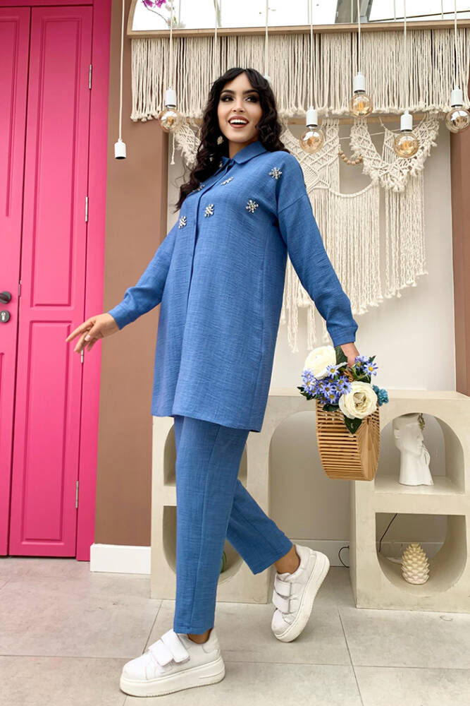 Taş Detaylı Düğmeli Tunik ve Pantolonlu İkili Takım 8404 Mavi - 2