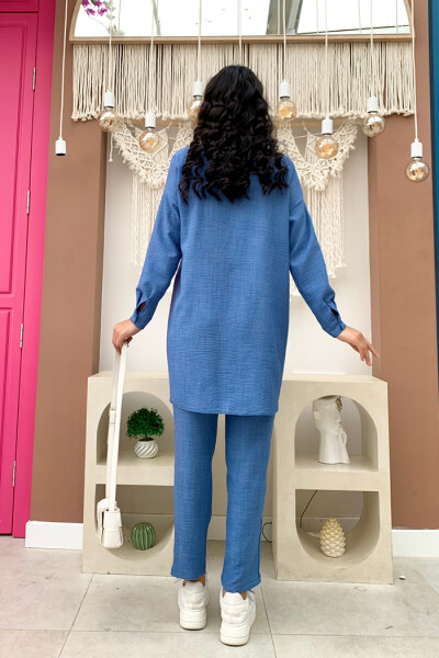 Taş Detaylı Düğmeli Tunik ve Pantolonlu İkili Takım 8404 Mavi - 3