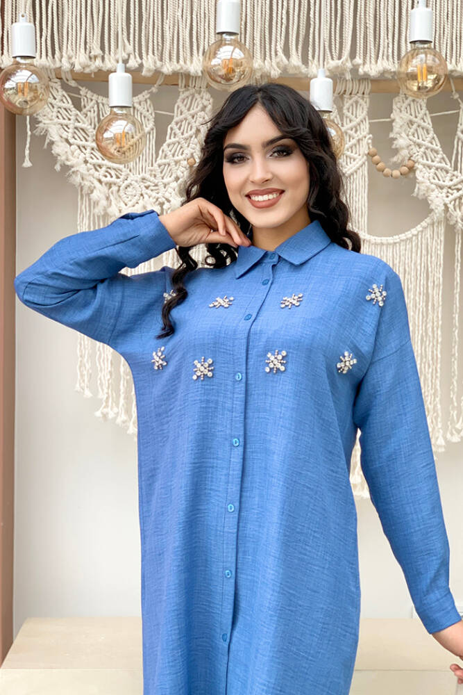 Taş Detaylı Düğmeli Tunik ve Pantolonlu İkili Takım 8404 Mavi - 4