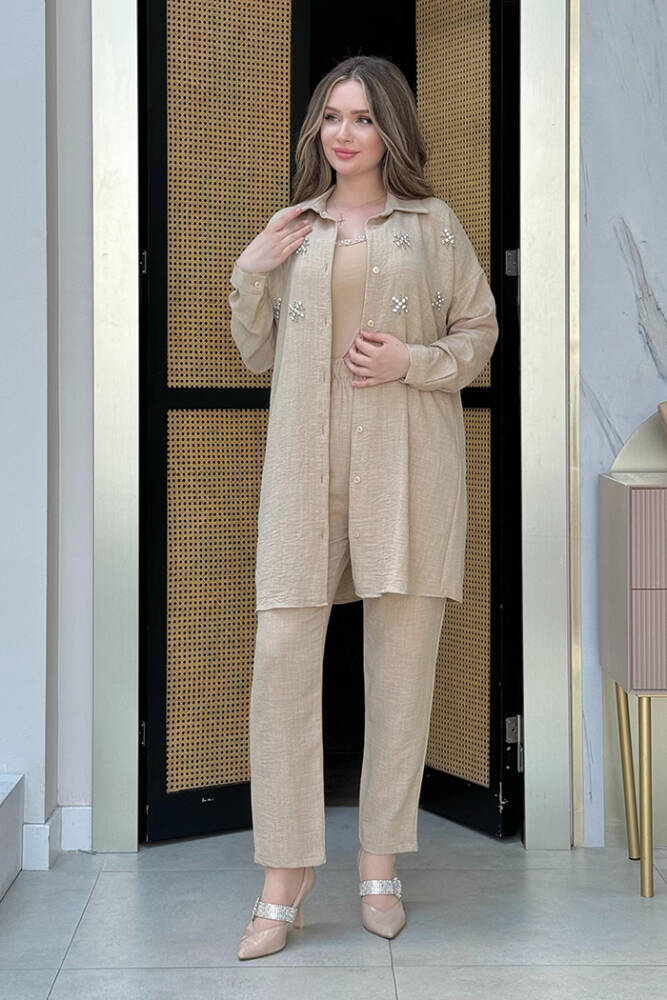 Taş Detaylı Düğmeli Tunik ve Pantolonlu İkili Takım 8404 Vizon - 2