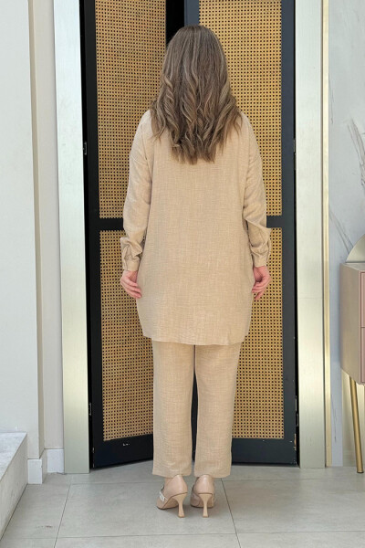 Taş Detaylı Düğmeli Tunik ve Pantolonlu İkili Takım 8404 Vizon - 3
