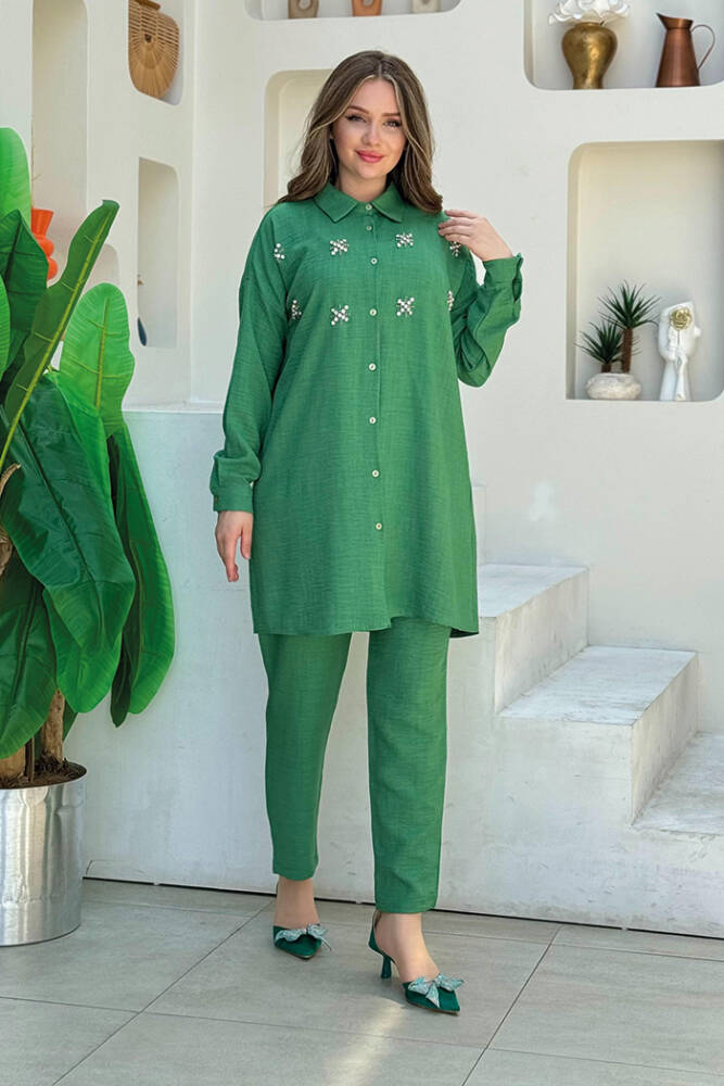 Taş Detaylı Düğmeli Tunik ve Pantolonlu İkili Takım 8404 Zümrüt - 2
