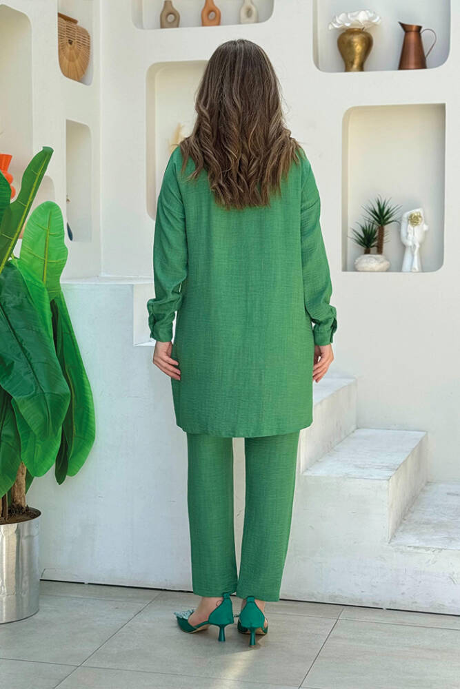 Taş Detaylı Düğmeli Tunik ve Pantolonlu İkili Takım 8404 Zümrüt - 3