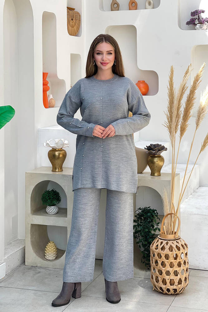Taş Detaylı Tunik ve Pantolon İkili Triko Takım 2-1545 Gri - 1