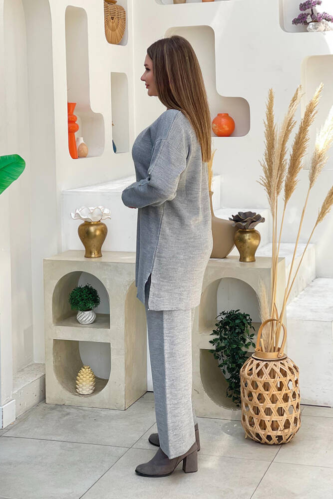 Taş Detaylı Tunik ve Pantolon İkili Triko Takım 2-1545 Gri - 2