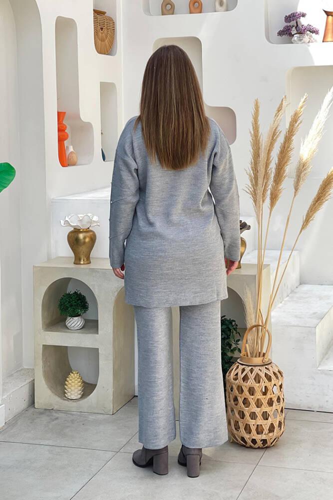 Taş Detaylı Tunik ve Pantolon İkili Triko Takım 2-1545 Gri - 3