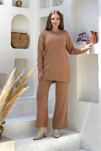 Taş Detaylı Tunik ve Pantolon İkili Triko Takım 2-1545 Vizon 