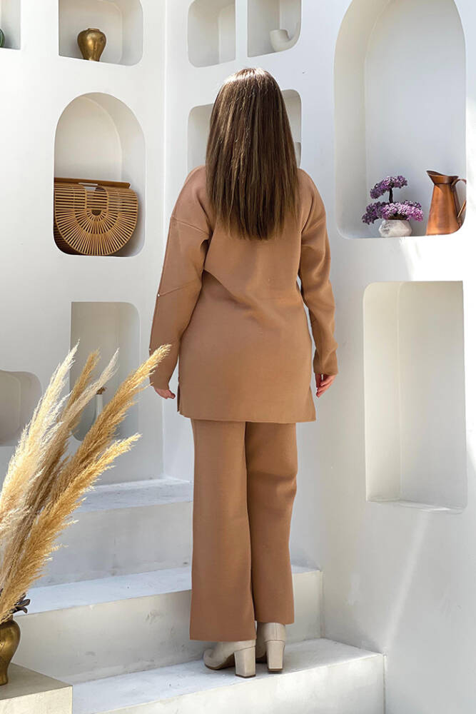 Taş Detaylı Tunik ve Pantolon İkili Triko Takım 2-1545 Vizon - 3