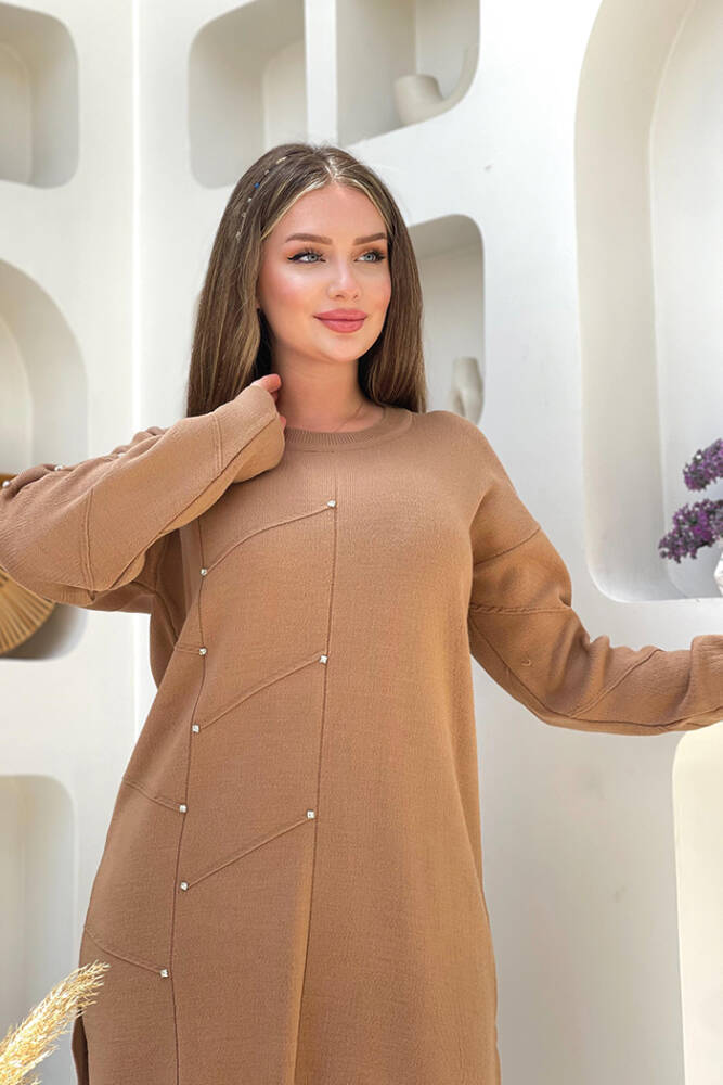 Taş Detaylı Tunik ve Pantolon İkili Triko Takım 2-1545 Vizon - 4