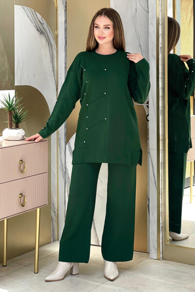 Taş Detaylı Tunik ve Pantolon İkili Triko Takım 2-1545 Zümrüt 