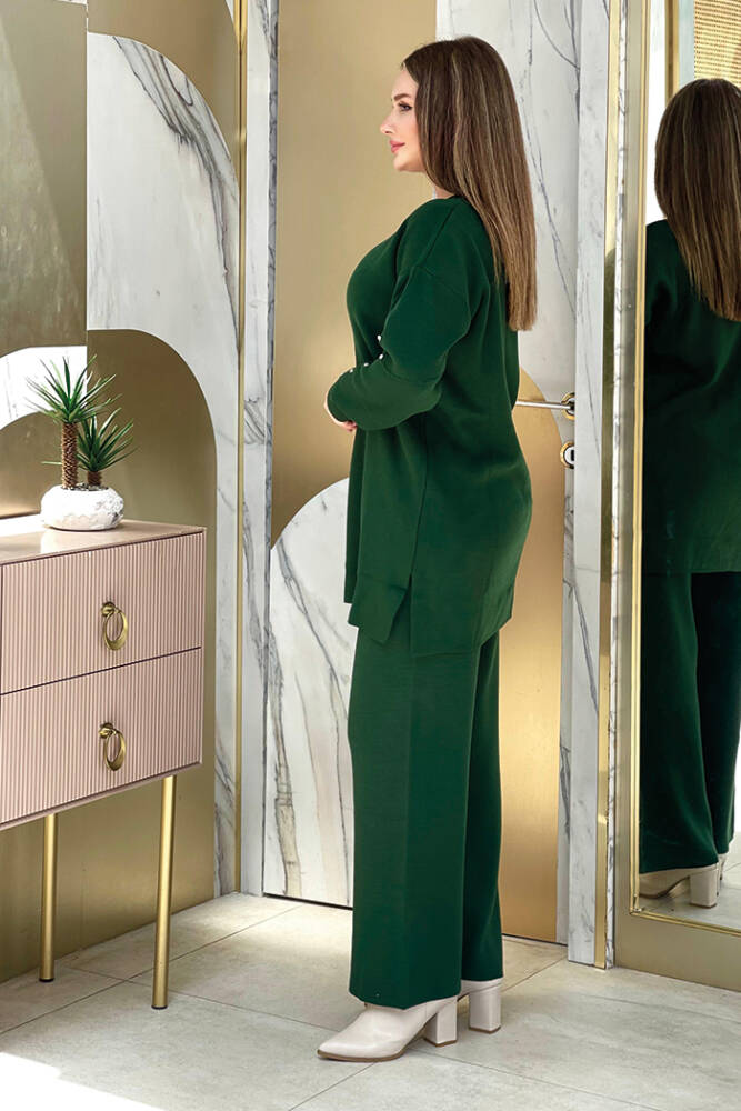 Taş Detaylı Tunik ve Pantolon İkili Triko Takım 2-1545 Zümrüt - 2