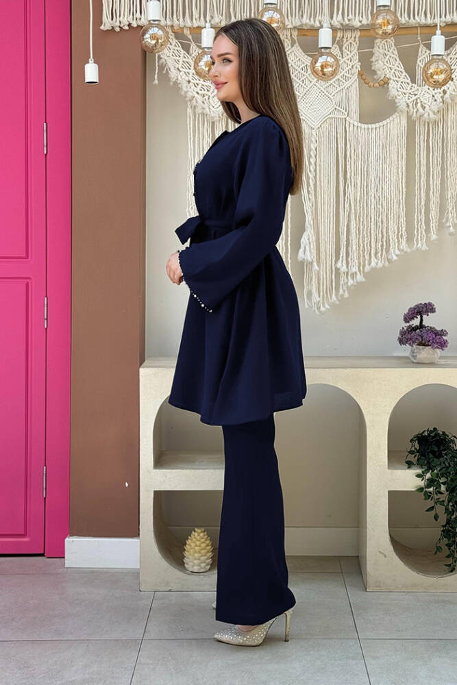 Taş İşleme Detaylı Kuşaklı Tunik ve Pantolonlu Takım 8432 Lacivert - 2