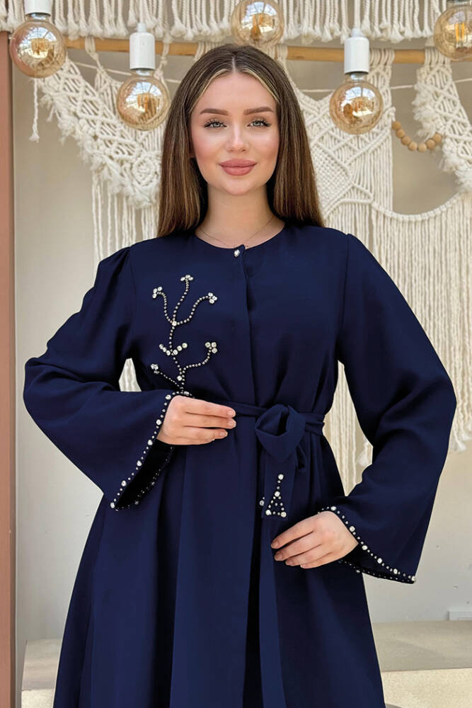 Taş İşleme Detaylı Kuşaklı Tunik ve Pantolonlu Takım 8432 Lacivert - 4