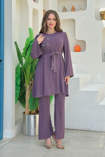 Taş İşleme Detaylı Kuşaklı Tunik ve Pantolonlu Takım 8432 Lila 