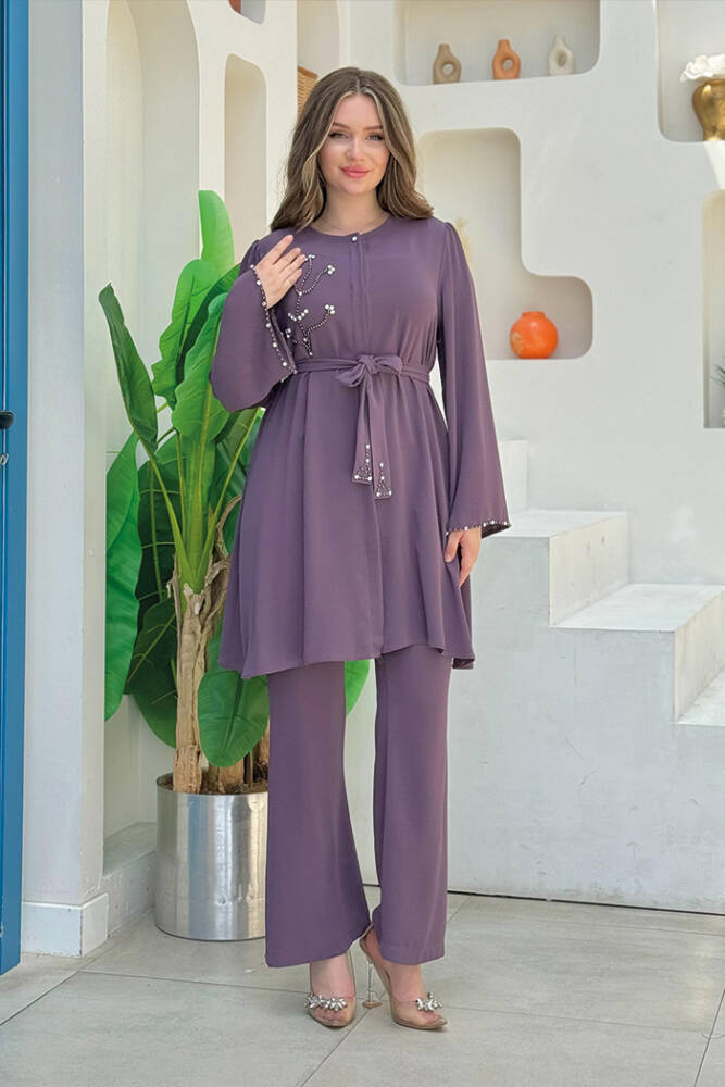 Taş İşleme Detaylı Kuşaklı Tunik ve Pantolonlu Takım 8432 Lila - 1