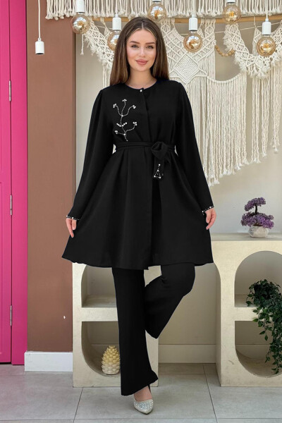 Taş İşleme Detaylı Kuşaklı Tunik ve Pantolonlu Takım 8432 Siyah 