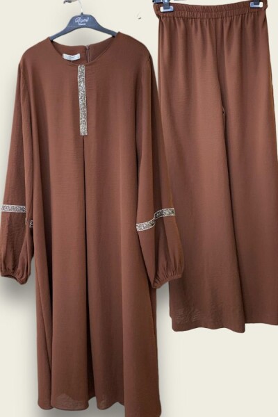 Taş İşleme Detaylı Pantolonlu Tunik Takım 8464 Kahverengi 
