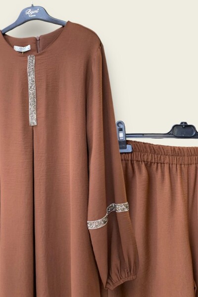 Taş İşleme Detaylı Pantolonlu Tunik Takım 8464 Kahverengi - 2