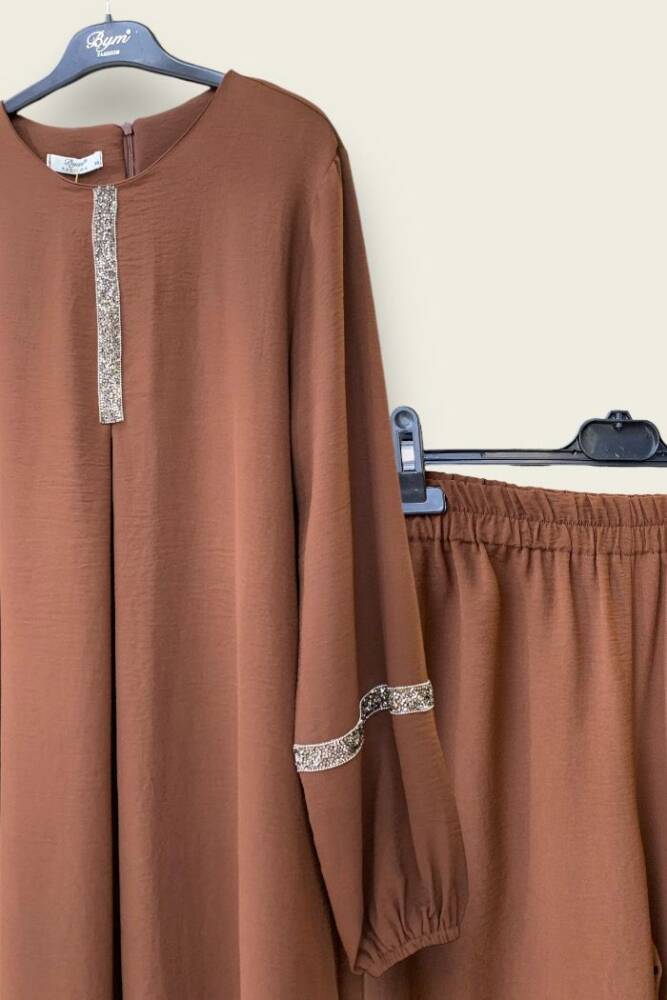 Taş İşleme Detaylı Pantolonlu Tunik Takım 8464 Kahverengi - 2
