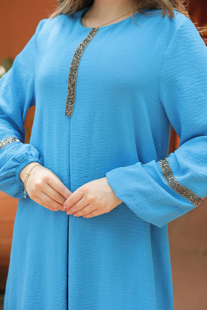 Taş İşleme Detaylı Pantolonlu Tunik Takım 8464 Mavi - 4